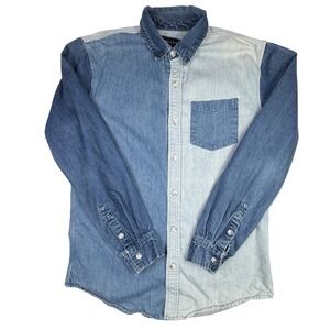 PacSun Mens Colorblock Denim Button Up Shirt Multi Tone Blue Long Sleeve Medium